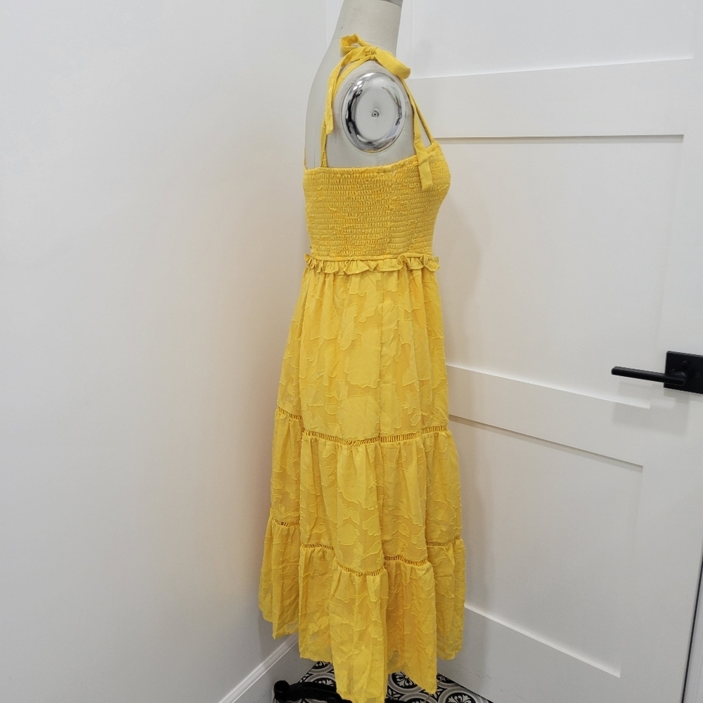 Lulus Float to Love Yellow Jacquard Smocked Tie- Strap Summer Midi Dress Size M - Picture 6 of 11